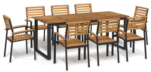 mzdioop Juego de comedor de jardín de madera maciza de acacia con patas de metal, 200 x 90 cm, mesa de jardín, 8 sillas para exteriores, terraza, balcón, para comidas relajadas y reuniones sociales