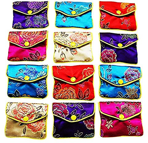 KiGoing 12 monederos de seda para joyas, bolsa de brocado tradicional chino, monedero bordado con botón a presión, multicolor, multicolor, L