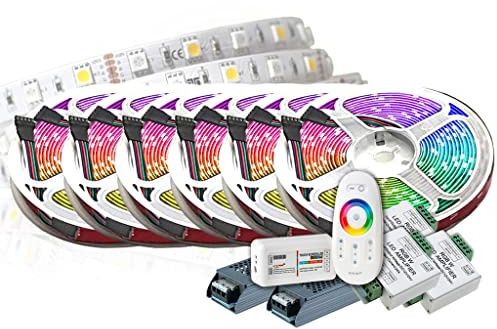 TechCore® 30M PREMIUM RGBW LED Band 24V 5050 SMD mit RF Fernbedienung, inklusive 2x 16A 400W Netzteil - RGB+W LED Streifen Set mit Warmweiss Licht für stimmungsvolle Beleuchtung und Farbauswahl