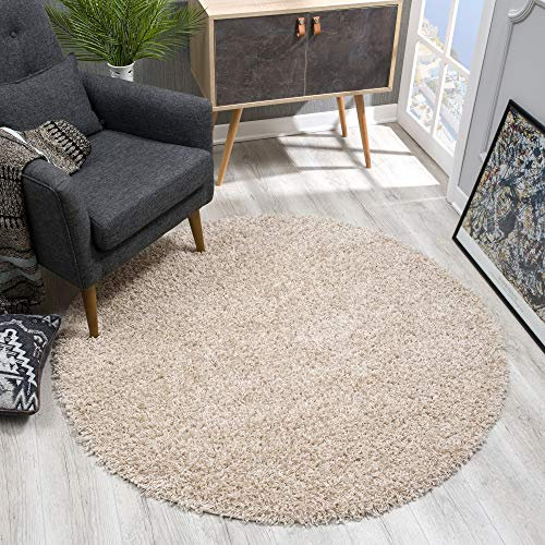 SANAT Teppich Rund - Beige Hochflor, Langflor Modern Teppiche fürs Wohnzimmer, Schlafzimmer, Esszimmer oder Kinderzimmer, Größe: 120x120 cm