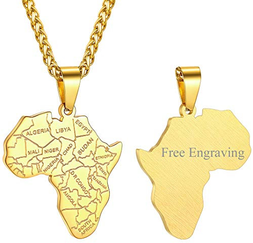 Profil Afrika Karte Anhänger Englische Landesgrenze mit Eingravierten Namen 316L Edelstahl Afrika Kette mit Landkarte von Afrika Pendant Stammes Ethnisch Kettenanhänger mit 56cm+5cm Kette in Gold
