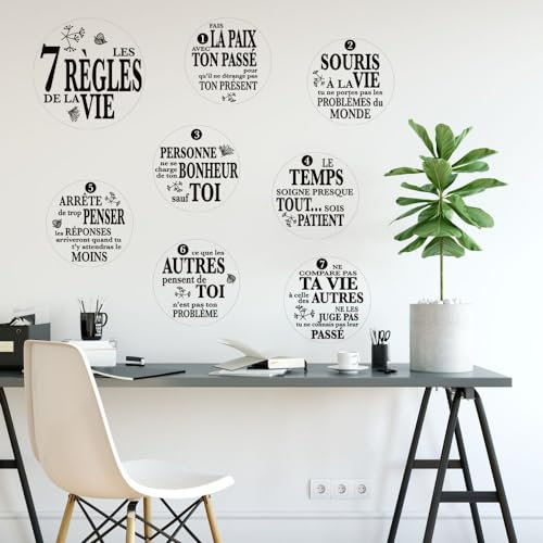 Stickers les 7 Règles de la Vie. Planche Autocollants Ronds Règlement de Vie. Affiche Règles Bonheur. Stickers message noir et blanc - Diamètre 18 cm - Adhésif Transparent