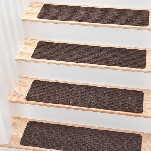 MBIGM 15er Set Stufenmatten 20 cm X 76 cm Treppenteppich Selbstklebend Sicherheit Stufenteppich für Kinder, Älteste und Haustiere, Braun
