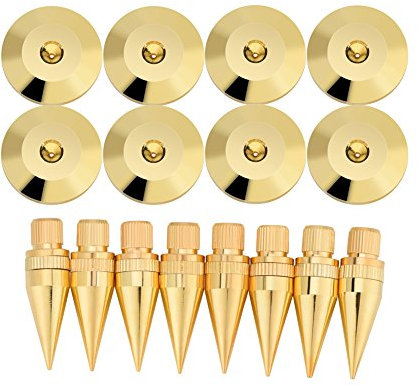Socobeta 8 Pairs Speaker Mat Copper Speaker Spike Set Speaker Isolation Stand with Base Pad Golden Plated Speaker Spikes