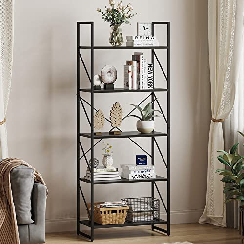YITAHOME Librería de 5 Niveles, Estante de Libros sobre pie, Estante de Madera y Marco de Metal, Estante de Almacenamiento para Sala de Estar, Oficina en casa, Color Negro