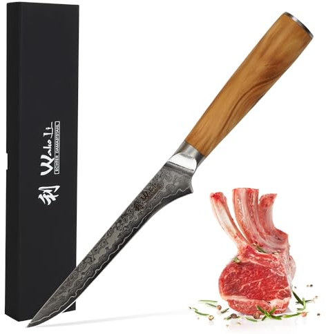 Wakoli Oribu Filetiermesser und Ausbeinmesser I 14 cm Klinge aus 67 Lagen Damaststahl, Olivenholzgriff - Profi Küchenmesser, inkl. Geschenkbox, Scharf und langlebig