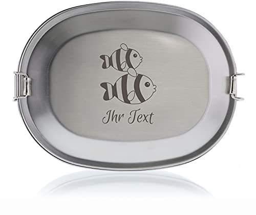 STEMPEL-FABRIK – personalisierte Brotdose mit Namen aus Edelstahl – Fische – gravierte Brotbox für Kindergarten, Schule, Ausflüge & Co – spülmaschinenfeste Lunchbox mit Tiermotiv (15,5x11,5x4,5cm)