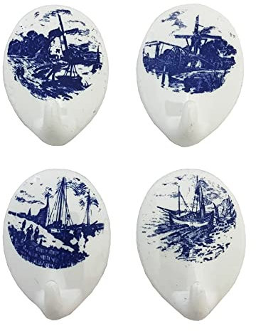 ILODA 4 Klebe-Haken aus Plastik Motiv Holländer-Mühle oval, selbstklebend ca. 5,2 x 3,8 cm für z.B. Wand, Bad, Küche usw. Klebehaken aus Plastik z.B. für Fliesen, Hafthaken