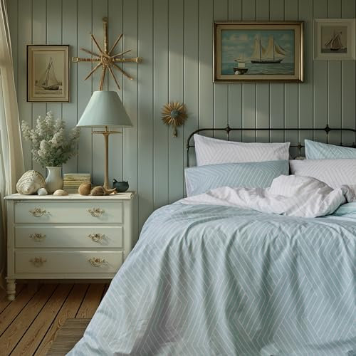 LERUUM Bettwäsche-Set für Doppelbett, Baumwolle, Weiß, Blau, wendbar, gestreift, inkl. Mehrzweckbezug/Stoffmatte (Entenei-Doppelbettgröße)