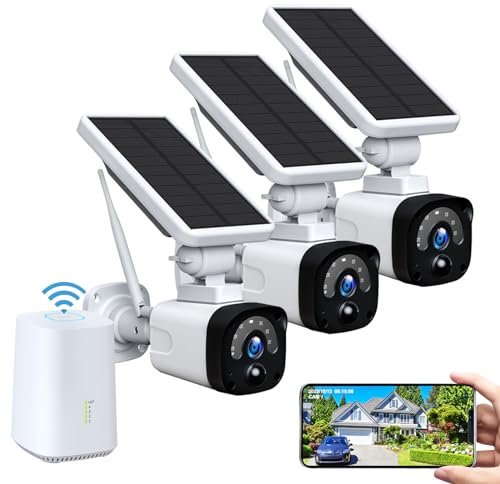 Camcamp 4MP Kit Videocamera Sorveglianza Solare Esterno WiFi, 100% Wireless Kit Videosorveglianza Wifi Solare con Stazione Base e 3 Telecamere Solari, PIR Sensore di Movimento, Audio a 2 Vie SD/Cloud