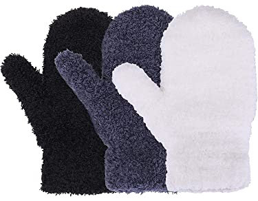 Geyoga 3 Paar Winter Kleinkind Fäustlinge Dehnbare Handschuhe Warme Kinder Strickhandschuhe (Schwarz, Weiß, Dunkelgrau, 5–10 Jahre)