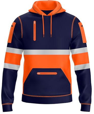 NOROZE Felpa da Uomo Hi-Viz con Cappuccio e Nastro Riflettente Grigio ad Alta visibilità Cappotto di Sicurezza con 4 Zip Utility Phone & Gadget Tasche Felpa (S, Stile 2: Arancia Fluo/Blu Marino)