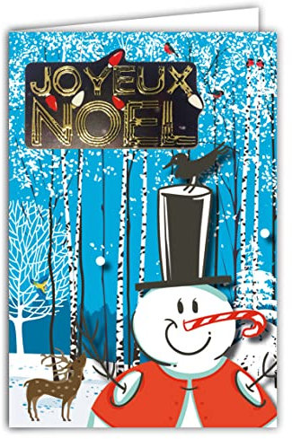 Afie 61-6054 Frohe Weihnachten Karte mit Umschlag und Collage in RELIEF Gold glänzend Glitzer Lichterkette Vögel Rotkehlchen Blaumeise Rentier Schneemann Holz Birken Tannenbäume