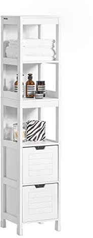 SoBuy Armario Baño Columna Estrecho Mueble Auxiliar de Baño Moderno con 3 Estantes y 2 Cajones Alta Capacidad de Almacenaje Diseño Compacto Estilo Nórdico 30x30x144 cm FRG126-W