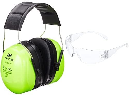 3M Peltor Optime III Kapselgehörschutz, Kopfbügel, Hi-Viz, SNR 35 dB, hohe Sichtbarkeit, 1 Stück, grün & 3M Virtua Schutzbrille, Antikratz-Beschichtung, transparente Scheibe,UV,Augenschutz, 26g Leicht