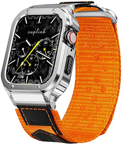 SUPLINK Correas de nailon con carcasa de acero inoxidable compatibles con Apple Watch Ultra 2 Band/1/Apple Watch Ultra 3 Band de 49 mm, parachoques protector resistente para correas iWatch para