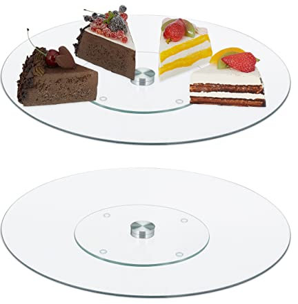 Relaxdays 2 Platos Giratorios Tartas Cristal y Acero Inoxidable, Soporte Pasteles, Bollos, Cupcakes, 30cm, Transparente