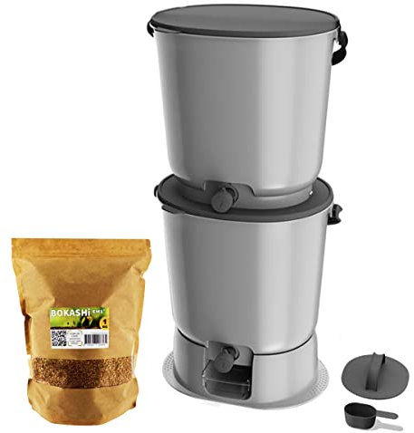 Moutta | Bokashi Organko Essential Grau (15,3L) | Set aus 2 Eimern für organischen Kompost mit Verdichter + 1kg EM-1 Fermentationsaktivator.