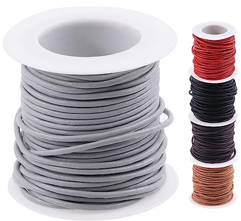 Swpeet 1 Rolle 2mm x 11Yard Light Gray Leder Rope, Crafts Round Cowhide, Schmuck Leder Cord, Natural Rawhide Rope für Schmuck Machen, Schnürsenkel, geflochtene Armbänder