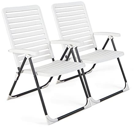 COSTWAY 1PC/2PCS Folding Garden Chairs, 7-Position Adjustable Outdoor Dining Chair, All-Weather PP High Back Recliner Patio Chair Sun Lounger for Lawn, Deck, Beach and Poolside (2PCS, Two-fold, White)