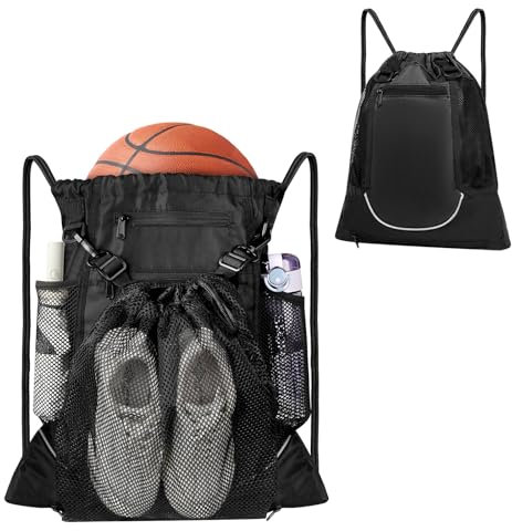 Libershine Basketball Rucksack mit Kordelzug,Turnbeutel Schwarz Sportbeutel für Herren Damen, Beutel mit Kordelzug, Verstellbar Gym Bag mit abnehmbarer Netztasche für Volleyball, Baseball, Yoga