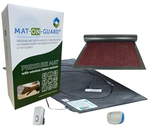 Mat On Guard IP300CM Single EXIT with Cover MAT. Wireless Floor Sensor Pressure Mat Alarm System for the Elderly and Dementia Care with Portable & Plug-in Receiver with Cover Mat. (RED)