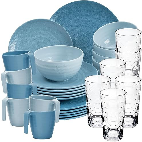 Melamin Geschirr Set 30 Teile Elegante Steingut Optik in blau mit Wasserglas 260ml klar - für 6 Personen Essgeschirr Gläser Wasserglas Tumbler Whiskey - Campinggeschirr Picknick ideal Camping Outdoor
