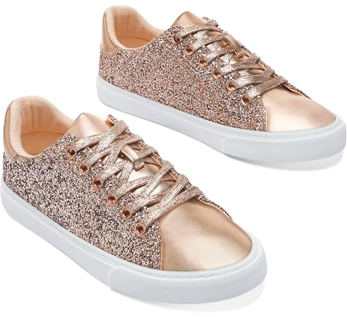 AISFAES Glitter Sparkly Low Top Sequins Lace Up Tennis Shoes Comfort Bling Fashion Shiny Walking Shoes