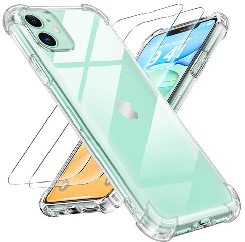 Tentoki 3 en 1 Verre Trempé et Coque pour iPhone 11, [Coussin d'air Intégré] Anti-Jaunissement Souple TPU Bumper Coque Protection pour iPhone 11,Transparente
