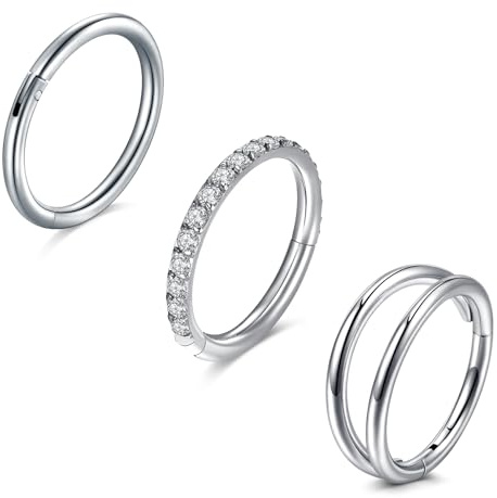 JFORYOU 3PCS Helix Hoops Double Nose Ring Hoop Hinged Segment Clicker 16G/18G/20G 316L Surgical Steel CZ Cartilage Conch Daith Tragus Septum Ring Body Piercing Jewellery Earrings Gold Silver