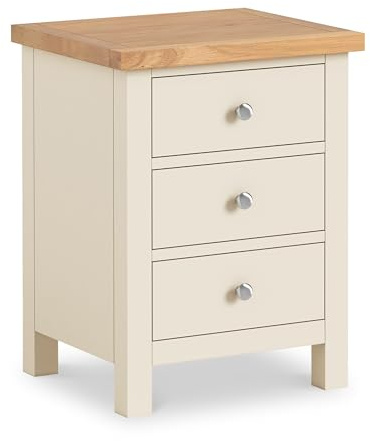 RoselandFurniture Farro XL Cream 3 Drawer Bedside Table | Fully Assembled | Large Night Stand Cabinet with Oak Top, Painted Finish, Classic British Style, H60cm W46cm D40cm