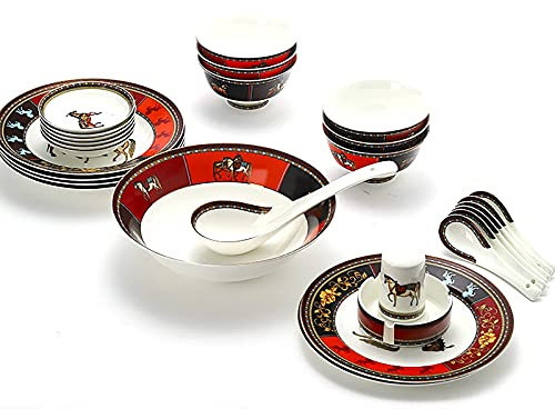 Service de table 28 pièces, service de vaisselle de cuisine en porcelaine blanche avec bols de céréales Bols à salade Assiettes creuses Assiettes de riz et service de pot à soupe pour 6 personnes Pass