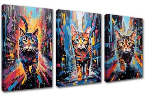 Tier-Leinwand-Kunst, Katze, die auf der Straße läuft, Bild, Wanddekoration, Graffiti-Stil, Malerei, Drucke, Poster für Wohnzimmer, Flur, Zuhause, Wanddekoration, lustig, modernes Kunstwerk, gespannt,