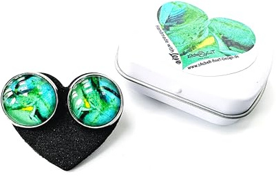Ohrstecker Edelstahl grün | Kleine Statementohrringe abstrakt | Grüne Ohrringe für Mädchen modern - Geschenk in Metalldose