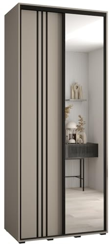 MEBLE KRYSPOL Dakota 7 Schrank mit Zwei Schiebetüren - Moderner Kleiderschrank mit Spiegel, Kleiderstange und Regalen - 235,2x120x60cm - Kaschmir Schwarz
