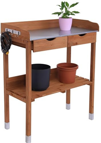 Wooden Potting Bench Outdoor with Metal Surface Workstation | Garden Potting Table with Hooks Drawers and Bottom Shelf - Ideal for Gardening Enthusiasts 36.22 x 30.70 x 14.96 In | 92 x 78 x 38 cm