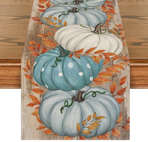Artoid Mode Planken Blätter Blau Kürbisse Herbst Tischläufer, Saisonnal Küche Tisch Dekoration Drinnen Urlaub Party Dekor 40x100 cm
