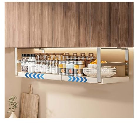 GOZYLA Under Shelf Storage Hanging Basket, Kitchen Spice Organiser, Telescopic Stainless Steel Kitchen, Adjustable Undershelf Storage Shallow Rack (Color:Silver, Size:Telescopic 45-63cm)