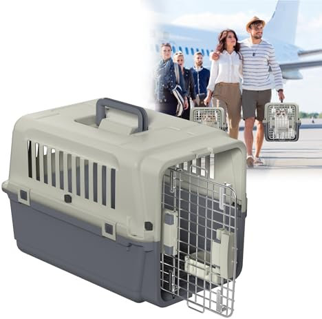 HENGMEI Transportbox Hundebox Hundetransportbox Kleine Hunde und Katzen Kaninchen Kunststoff Katzenkorb Tiertransportbox mit Tür Lüftungsschlitze Urinbarriere Schalen und Tragegriff, 60×39.5×44cm