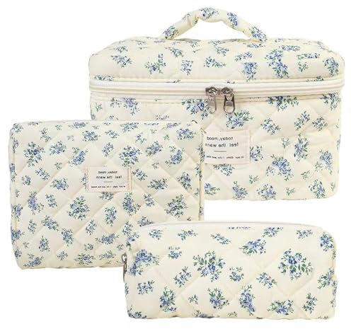 Damen Gesteppte Kulturtasche, 3 Stück Kosmetiktasche, Blumenmuster Kulturbeutel Set, Reisen Schminktasche Gedruckt, Baumwolle Make up Bag für Frauen Mädchen (Blaue Blume)