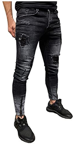 Generico Jeans skinny da uomo Destroyed Ripped strappati, slim fit, stretch stretch con cerniera alla caviglia strappata per jeans da uomo