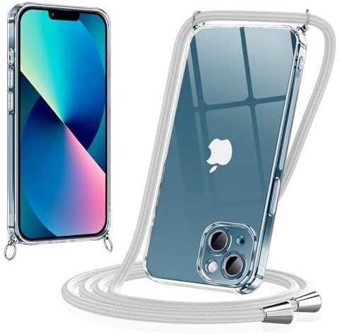 Coiwxmoi Funda con Cuerda para iPhone 13 6,1, Carcasa Transparente Suave Silicona TPU Antigolpes Antiarañazos Case con Correa Colgante Ajustable Collar Correa de Cuello Cadena Cordón, Gris