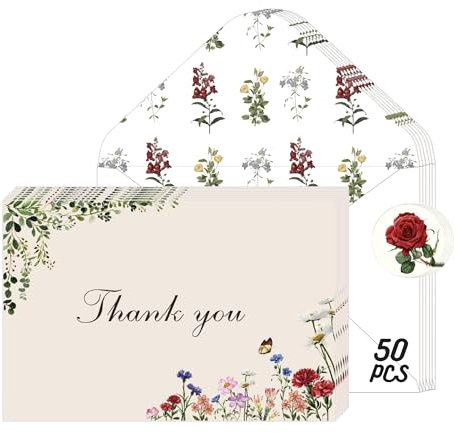 Poatel Dankeskarten, 50 Stück, 10,2 x 15,2 cm, Vintage-Blumen-Dankeskarten mit Umschlägen, elegantes Blumendesign, leere Dankeskarten für Geburtstag, Hochzeit, Jahrestag