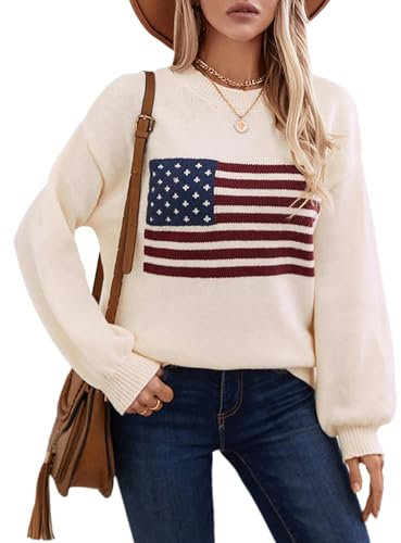 cffvdiz Frauen Crewneck Amerikanische Flagge Pullover Langarm Lose Gestreifte USA Strick Pullover Tops Herbst 2024,Apricot,S