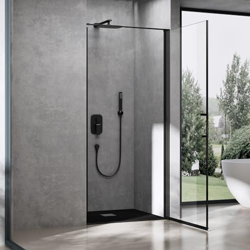 Mai & Mai Duschtür Nischentür dusche Duschabtrennung Duschkabine 80cm Schwingtür 8mm ESG-Sicherheitsglas mit Nanobeschichtung Hebe-Senk-Mechanismus Klarglas Teramo36K Schwarz