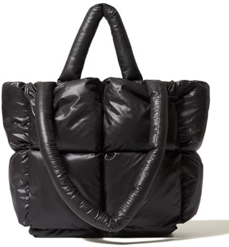 JOLLQUE Puffer Tragetasche für Frauen Gesteppte, weiches Kissen gepolsterte Down Tote Bag, große Winter Handtasche Space Schultertaschen (Schwarz,4 Gitter)