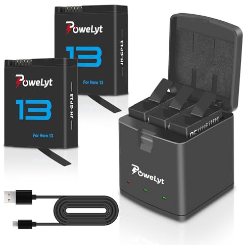 PoweLyt 2100mAh Hero 13 Black Batteria 2 Pacchi e 3 Canali Hero 13 Carica Batterie con cavo di ricarica Type-C Hero 13 Enduro Accessori per videocamera Compatibile con HERO 13 Black