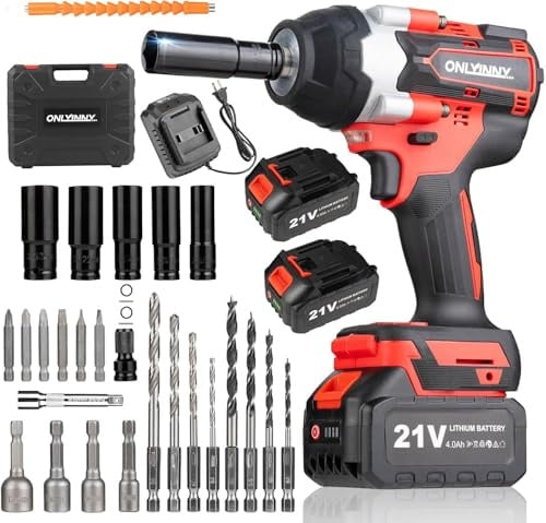 OnlyinNY Akku-Schlagschrauber 1000 Nm, 1/2 Zoll, bürstenlos, 2 Akkus 4,0Ah | 2300 U/min • Schnellladegerät • LED-Arbeitslicht • 4-Gang-Drehzahlregelung • Auto Reparatur & DIY