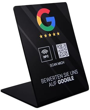 Google Bewertung NFC Aufsteller, Acryl, 110 x 150 mm, fertig eingerichtet, mit NFC und QR-Code für einfache Kundenbewertungen (Schwarz)