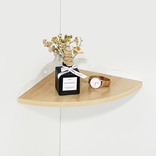 SAYAYO Corner Shelf for Wall, Wooden Floating Wall Shelves Heavy Duty with Wire Hole, White Metal Shelf Bracket for Bedroom Kitchen Living Room, Rustic Style 27CM/10 Inch